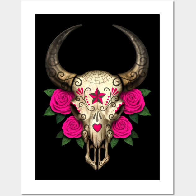 Bull Sugar Skull with Pink Roses Wall Art by jeffbartels